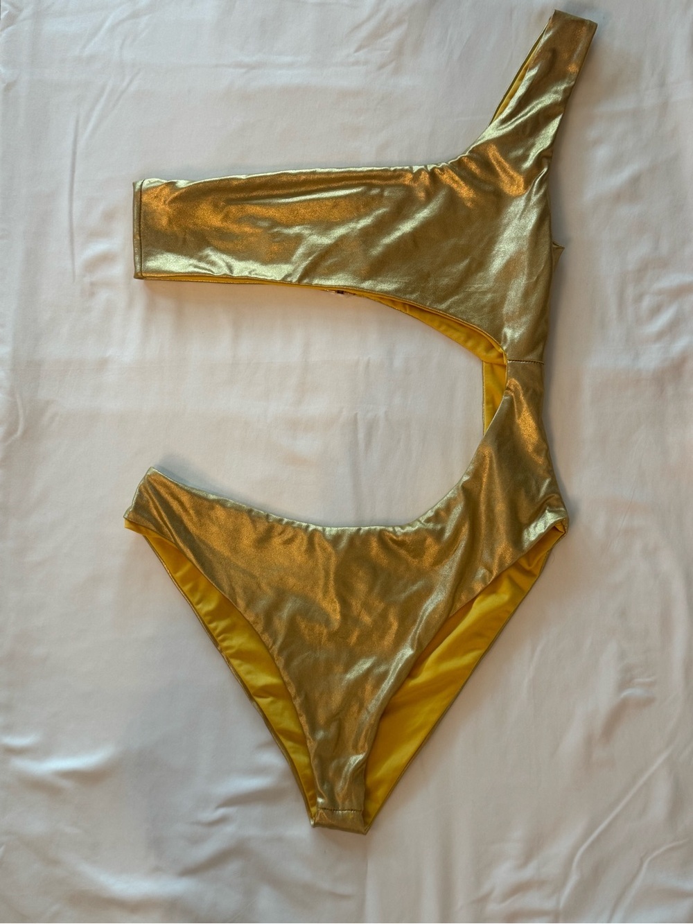 Superdown Metallic Gold One Shoulder Cutout One Piece Swimsuit Medium